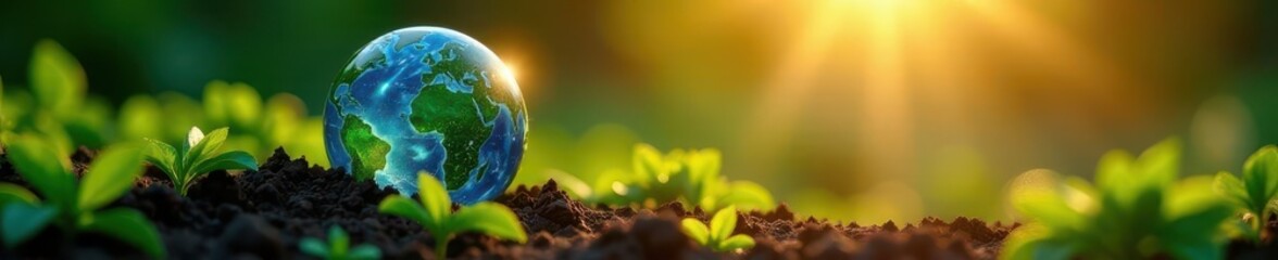 High-tech globe, network, growing plants, sunlight, technology, digital