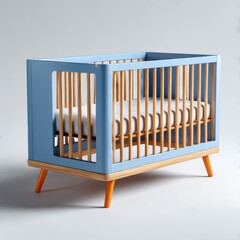 Blue and wooden baby crib with mattress