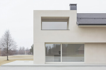 Modern architectural design of a minimalist house with large windows in a rural setting