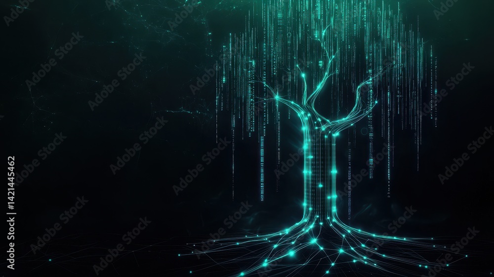 Poster a digital tree design with glowing lines and data streams, symbolizing technology and connectivity i