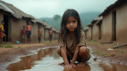Poignant Portrait of Young Girl in Muddy Puddle Amidst Poverty-Stricken Community