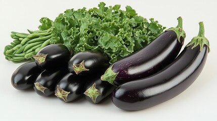 Fresh purple eggplants and green kale with string beans