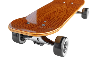 Wooden Skateboard Deck, Polished Grain, Chrome Trucks, White Background