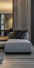 Modern living space featuring a gray lounge chair with black cushions in stylish interior design