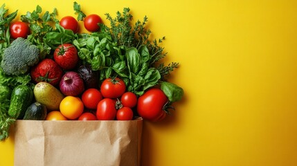Fresh produce spilling from paper bag. Colorful assortment of vegetables and herbs overflowing from a brown paper bag on a bright yellow background