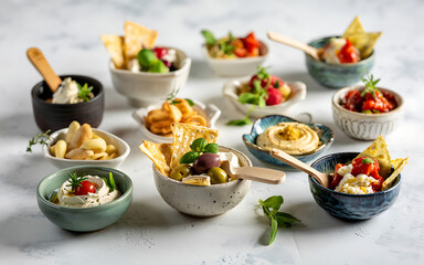Assorted Appetizers Displayed In Small Bowls On White Surface
