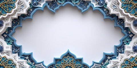 Intricate islamic patterns frame a clean white central background