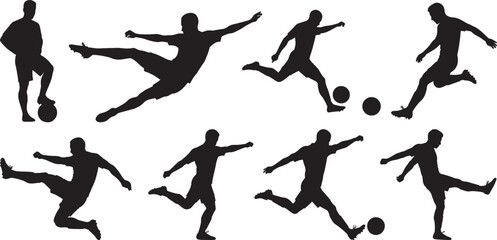 Soccer players silhouettes, dynamic poses, kicking ball, jumping, running, athletic movements, black and white, high contrast, vector style, action shots, sports illustration