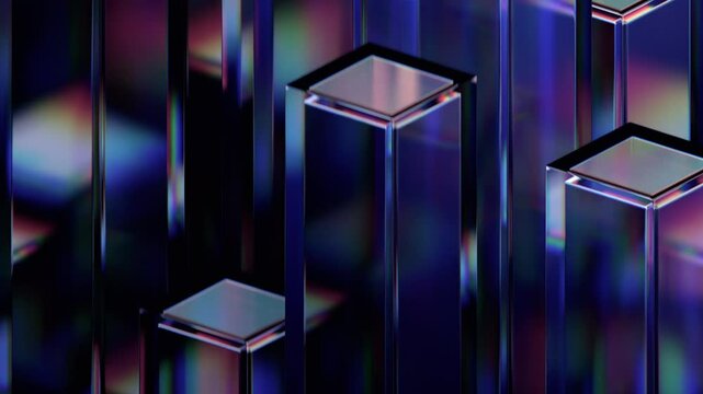 Abstract animation, dark geometric design with moving glass blocks, 4k looping video, 3d render