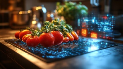 Fresh tomatoes on a futuristic kitchen counter with digital overlay