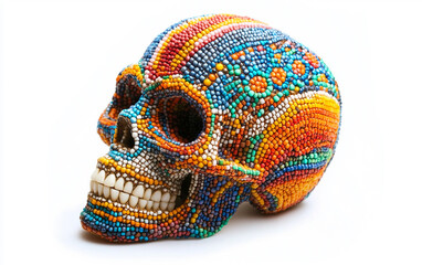 Vibrant Beaded Skull Artwork Isolated on white background.
