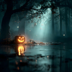 A glowing jack o lantern sits by a puddle in a dark forest during the halloween holiday season night