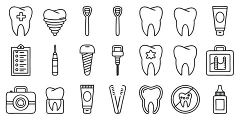 Dental Care Vector Icons Set with Tooth, Toothbrush, Dentist Tools, and Hygiene