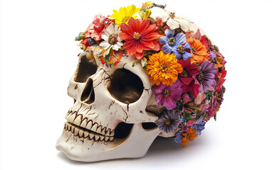 Decorative Skull Covered in Bright Beads Isolated on white background.