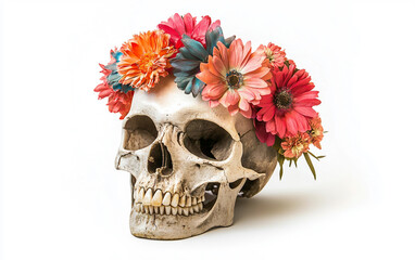 Skull Wearing a Colorful Floral Headpiece Isolated on white background.