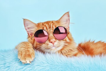 Playful ginger cat with trendy pink sunglasses.