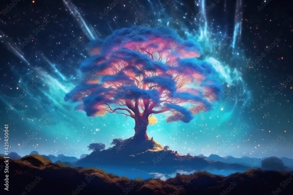 Poster 神秘的な宇宙の夜空に浮かぶ幻想的な輝きの木 鮮やかな青紫色の光と星の背景
