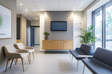 Modern waiting room design minimalist furniture light gray walls wood cabinet plants and TV