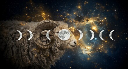  Ultra HD 32K line art of a moon phases sequence blending into ram’s wool curls, hyper-detailed background of fractal constellations in gold and cobalt. 