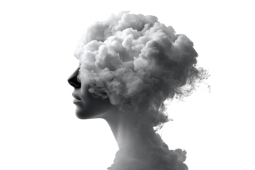 Captivating silhouette of a woman with clouds merging into her head, symbolizing creativity and inspiration. Perfect for projects related to imagination, dreams, and mental health themes.