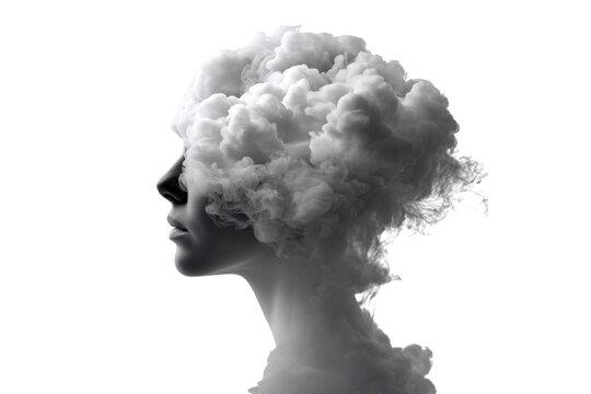 Captivating silhouette of a woman with clouds merging into her head, symbolizing creativity and inspiration. Perfect for projects related to imagination, dreams, and mental health themes.