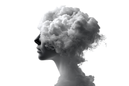 Captivating silhouette of a woman with clouds merging into her head, symbolizing creativity and inspiration. Perfect for projects related to imagination, dreams, and mental health themes.