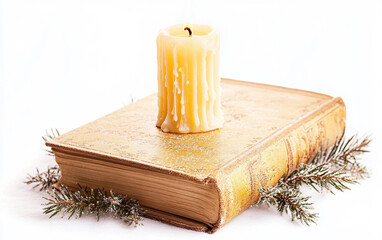 Sacred Advent Devotional with a Lit Candle Isolated on white background.