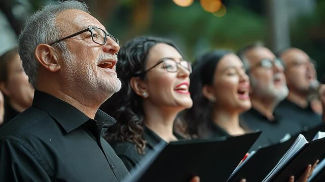 A diverse choir passionately singing together during an outdoor performance.