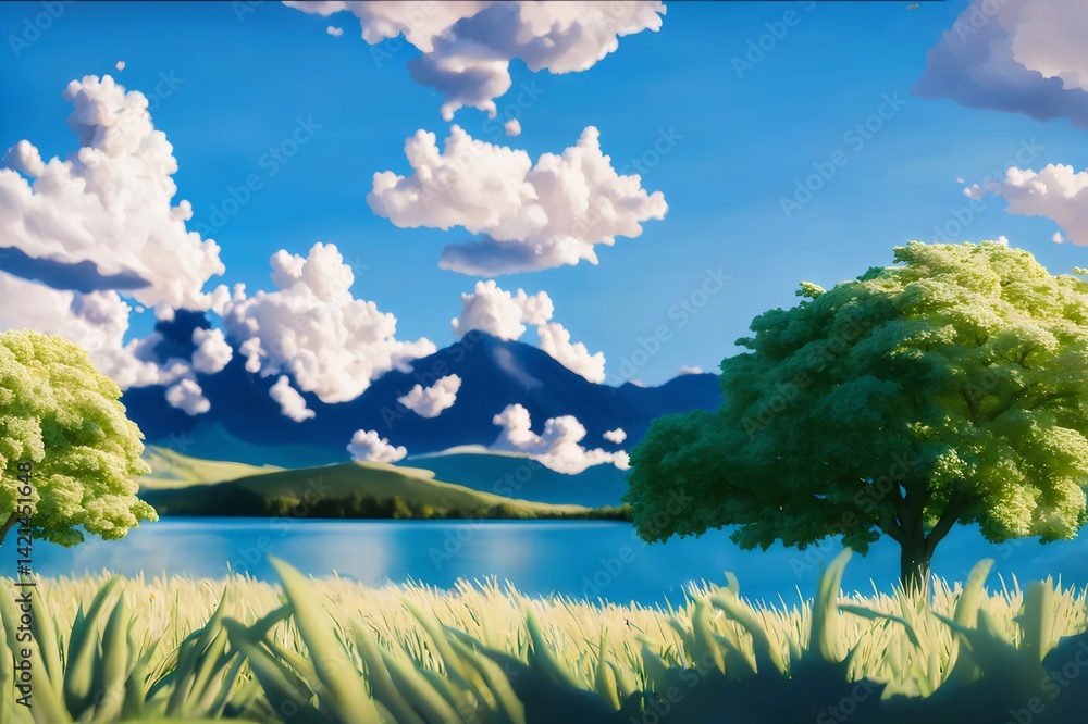 Poster 青空と白い雲が広がる湖畔の風景 緑の木々や草の生い茂る穏やかな情景