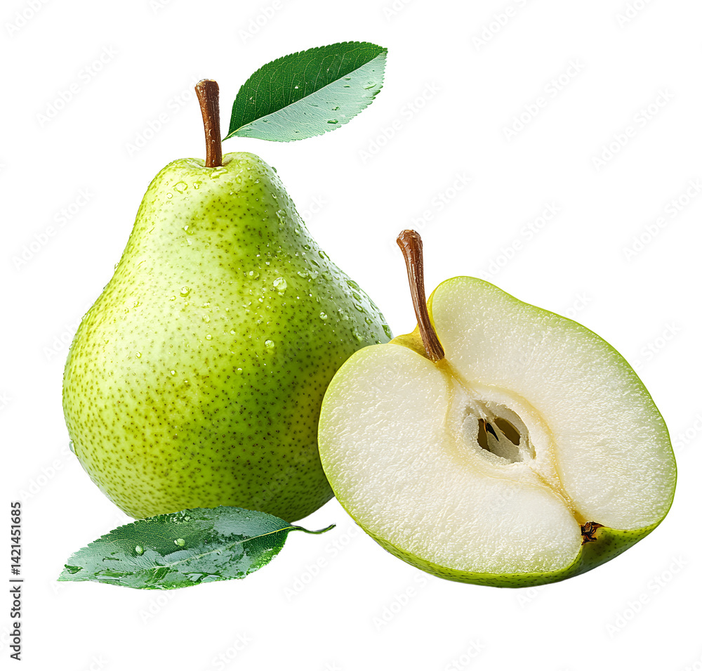 Poster pear with leaf isolated png. green pear with a half on transparent background. png format. pear with
