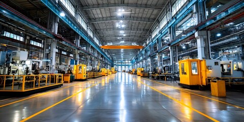 Wide shot of a modern industrial factory floor, showcasing a clean and organized layout with rows of machinery