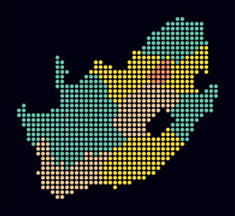 Obraz premium South Africa dotted map. Digital style map of the country on dark background. South Africa shape with circle dots. Colored dots style. Large size circles. Artistic vector illustration.