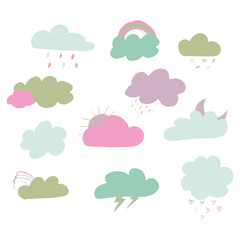 multicolored Set of clouds flat cartoon. Vector flat cartoon illustration for web sites and banners design.