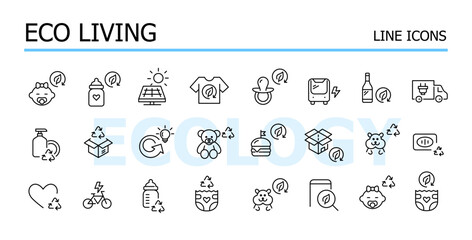 Eco living. Responsible consumption, recycling and waste management. Vector icons set