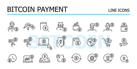 Crypto payment, mining and investment. Bitcoin finances. Vector icons set