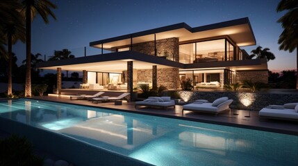 Modern villa with pool, night scene