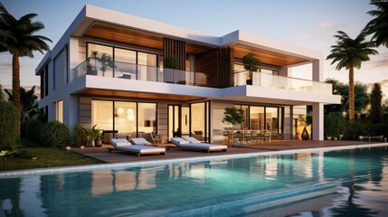 Modern villa with pool and deck with interior and exterior views