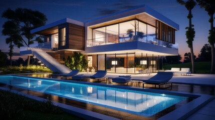 Modern villa with pool, night scene