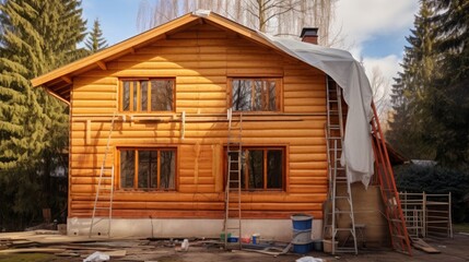 Modern wooden timber eco house villa facade during process of renovation, sanding wall for varnishing against sun burn, bark beetle moisture at countryside villa. Home exterior repair and maintenance