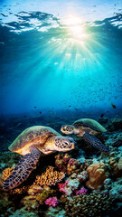 Naklejka premium A green sea turtle swims gracefully underwater near a vibrant coral reef teeming with tropical fish in the deep blue ocean