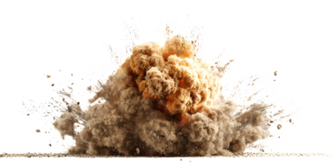 Dramatic explosion with flying debris and smoke. Perfect for action, destruction, or effect visuals in media projects. Ideal for use in films, video games, and advertising.