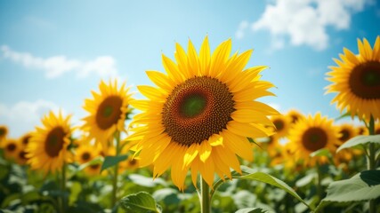Naklejka premium Bright and Cheerful Sunflower Field Under Clear Blue Sky with Fluffy Clouds