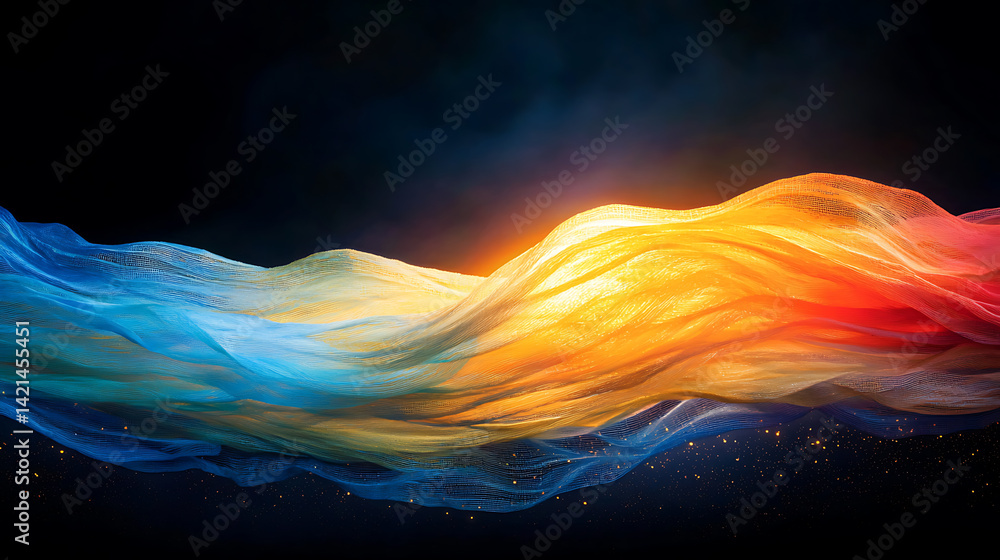 Poster dynamic flowing colors abstract artwork digital space visual design neon environment wide viewpoint 