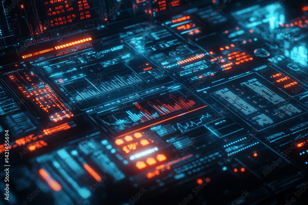 Poster futuristic digital interface with glowing blue and orange data graphs and charts