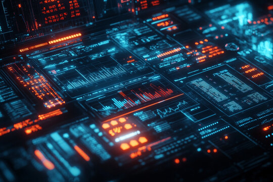 Futuristic digital interface with glowing blue and orange data graphs and charts