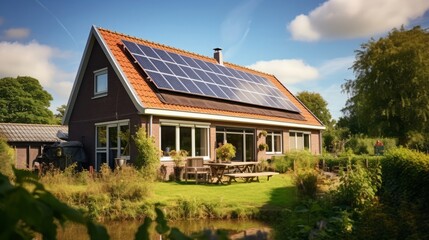 Older renovated small rural house in a green environment with solar panels on the roof in the village of Warns in the Netherlands. Old-fashioned and modern at the same time. Sustainable energy