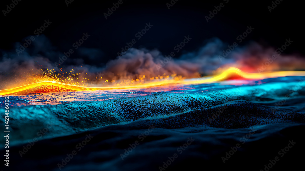 Aufkleber dynamic ocean waves illuminated by electric colors abstract art digital creation dark environment cl