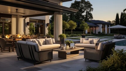 Outdoor patio with furniture behind luxury home