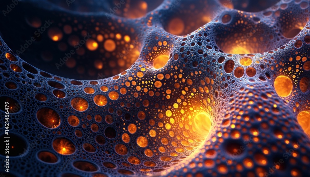 Poster intricate illuminated fractal structure with organic pattern and luminous orbs