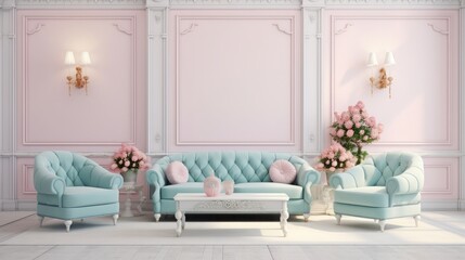 Pastel interior in classic style with soft armchairs and lamps. 3d rendering